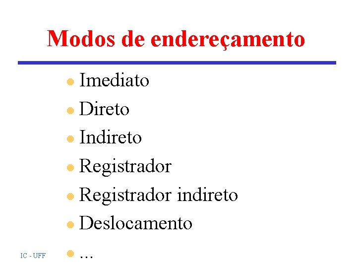 Modos de endereçamento Imediato l Direto l Indireto l Registrador indireto l Deslocamento l. Modos de endereçamento Imediato l Direto l Indireto l Registrador indireto l Deslocamento l.