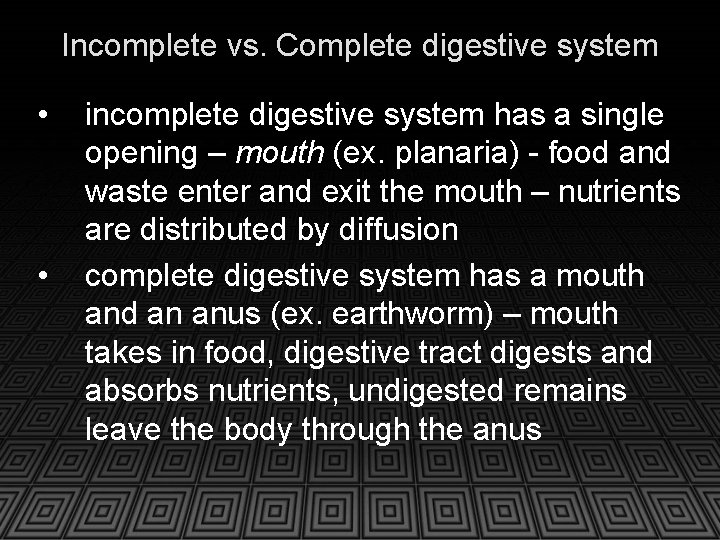 Incomplete vs. Complete digestive system • • incomplete digestive system has a single opening