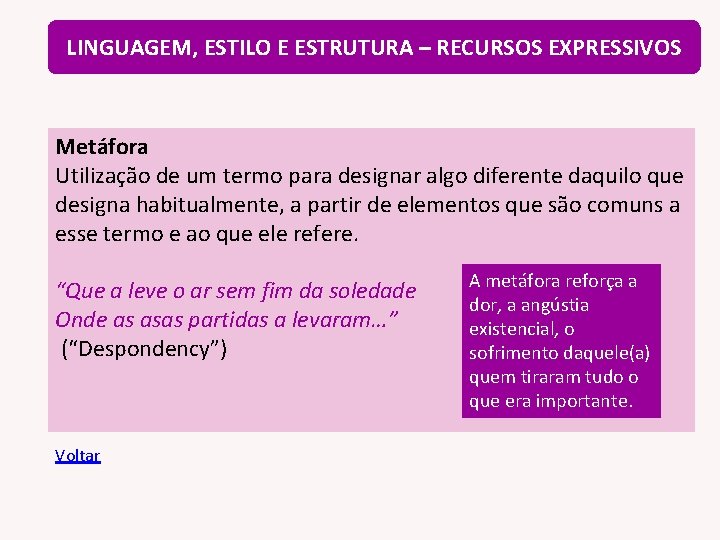 LINGUAGEM, ESTILO E ESTRUTURA – RECURSOS EXPRESSIVOS Metáfora Utilização de um termo para designar