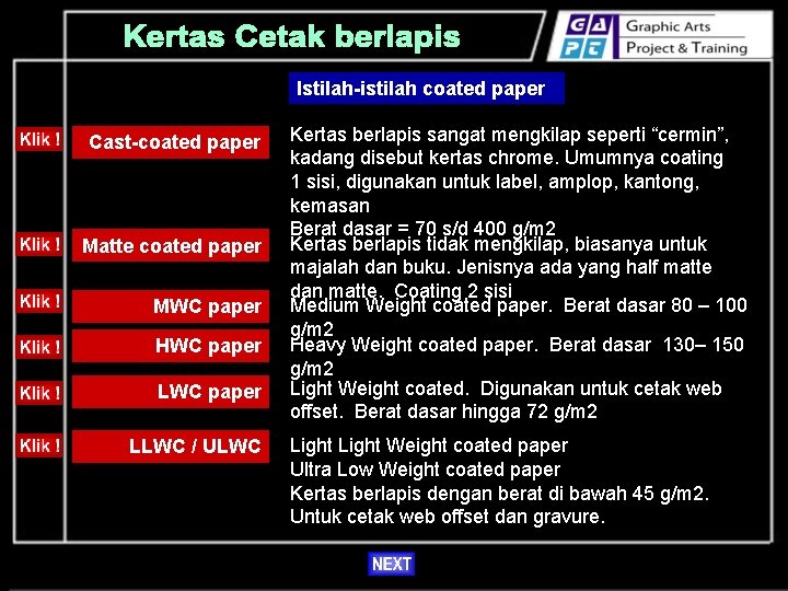 Istilah-istilah coated paper Cast-coated paper Matte coated paper MWC paper HWC paper LLWC /