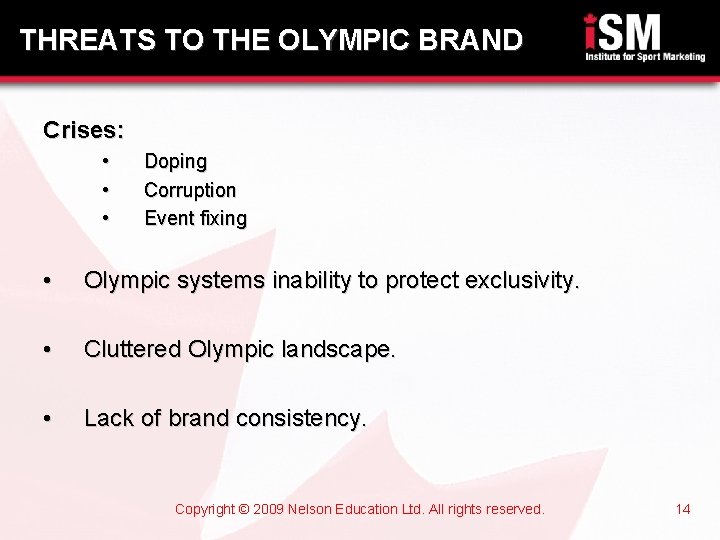 THREATS TO THE OLYMPIC BRAND Crises: • • • Doping Corruption Event fixing •