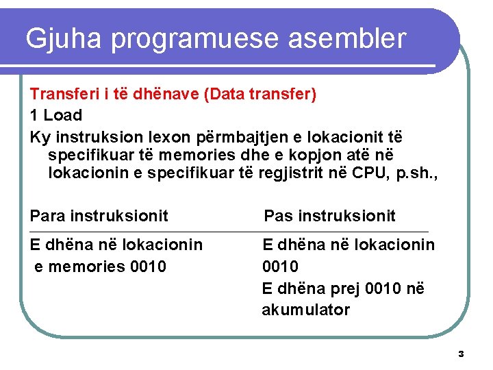 Gjuha programuese asembler Transferi i të dhënave (Data transfer) 1 Load Ky instruksion lexon