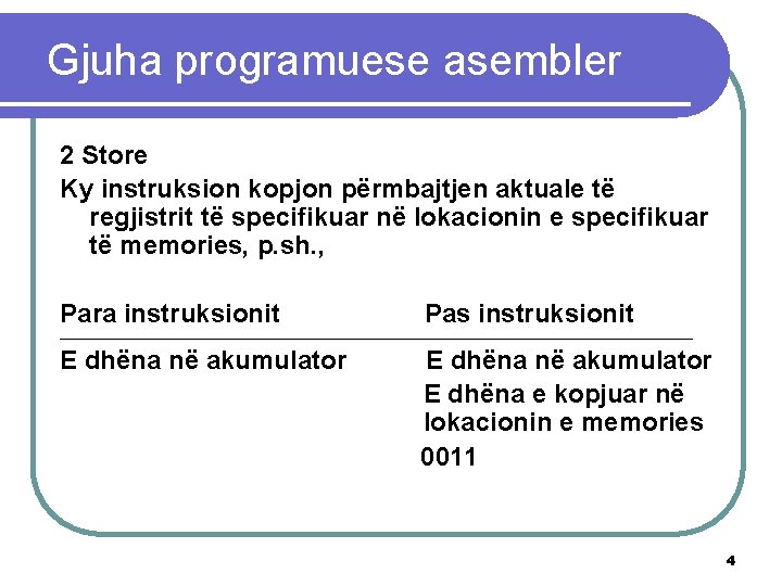 Gjuha programuese asembler 2 Store Ky instruksion kopjon përmbajtjen aktuale të regjistrit të specifikuar