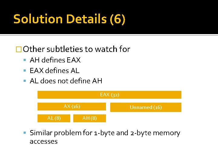 Solution Details (6) �Other subtleties to watch for AH defines EAX defines AL does Solution Details (6) �Other subtleties to watch for AH defines EAX defines AL does