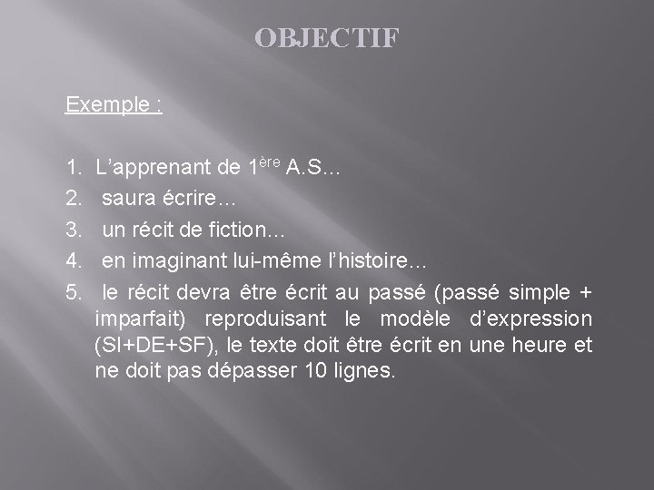 OBJECTIF Exemple : 1. L’apprenant de 1ère A. S… 2. saura écrire… 3. un