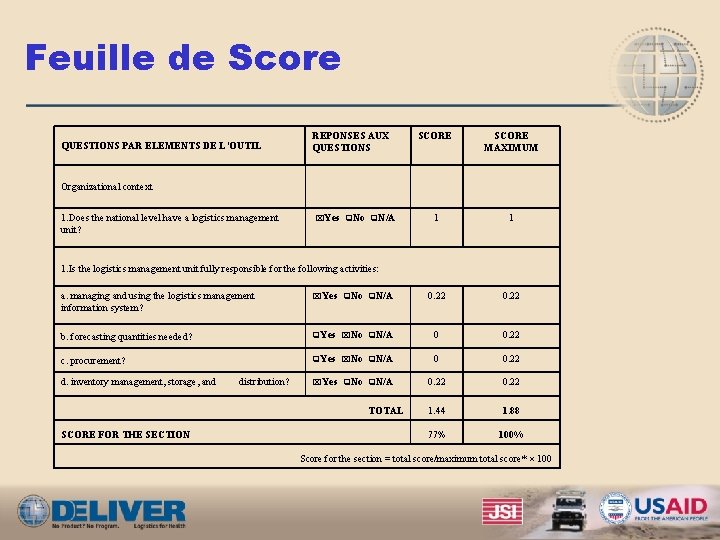 Feuille de Score QUESTIONS PAR ELEMENTS DE L’OUTIL REPONSES AUX QUESTIONS SCORE MAXIMUM 1