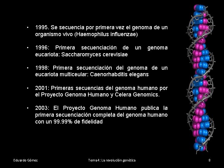  • 1995. Se secuencia por primera vez el genoma de un organismo vivo