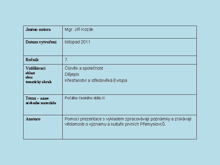 Jméno autora Mgr. Jiří Kozák Datum vytvoření listopad 2011 Ročník 7. Vzdělávací oblast obor