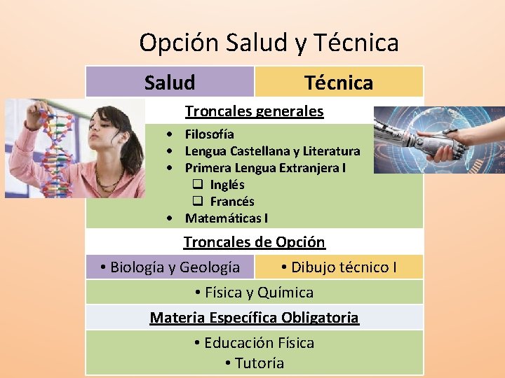 Opción Salud y Técnica Salud Técnica Troncales generales Filosofía Lengua Castellana y Literatura Primera