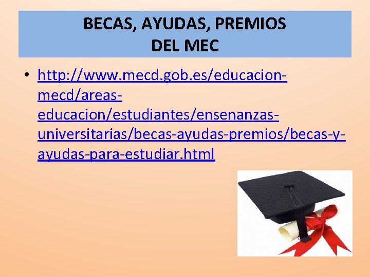 BECAS, AYUDAS, PREMIOS DEL MEC • http: //www. mecd. gob. es/educacionmecd/areaseducacion/estudiantes/ensenanzasuniversitarias/becas-ayudas-premios/becas-yayudas-para-estudiar. html 