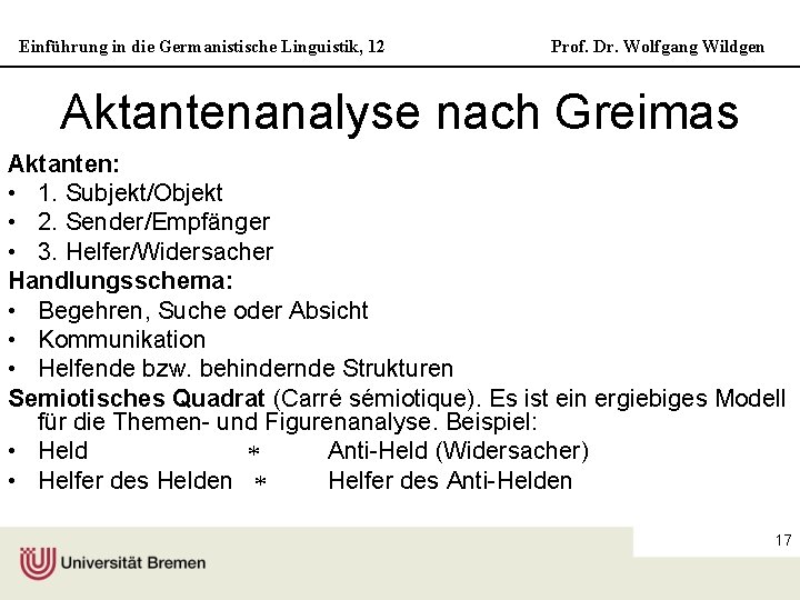 Einführung in die Germanistische Linguistik, 12 Prof. Dr. Wolfgang Wildgen Aktantenanalyse nach Greimas Aktanten: