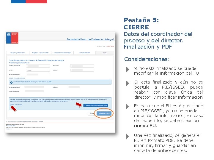 Pestaña 5: CIERRE Datos del coordinador del proceso y del director. Finalización y PDF