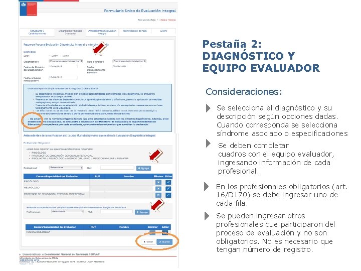 Pestaña 2: DIAGNÓSTICO Y EQUIPO EVALUADOR Consideraciones: Se selecciona el diagnóstico y su descripción