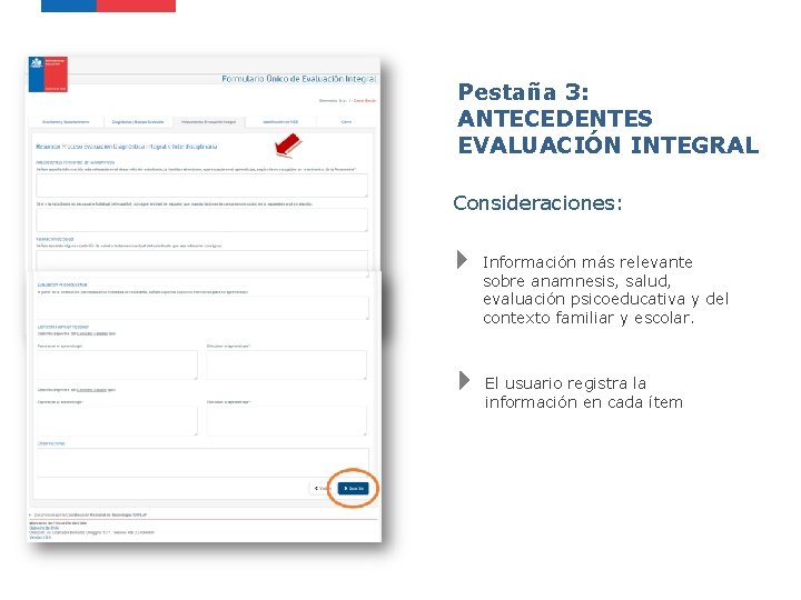 Pestaña 3: ANTECEDENTES EVALUACIÓN INTEGRAL Consideraciones: Información más relevante sobre anamnesis, salud, evaluación psicoeducativa