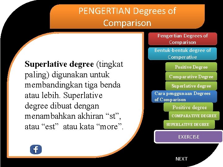 PENGERTIAN Degrees of Comparison Superlative degree (tingkat paling) digunakan untuk membandingkan tiga benda atau