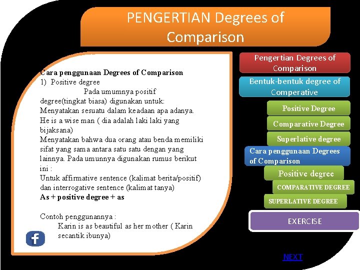 PENGERTIAN Degrees of Comparison Cara penggunaan Degrees of Comparison 1) Positive degree Pada umumnya