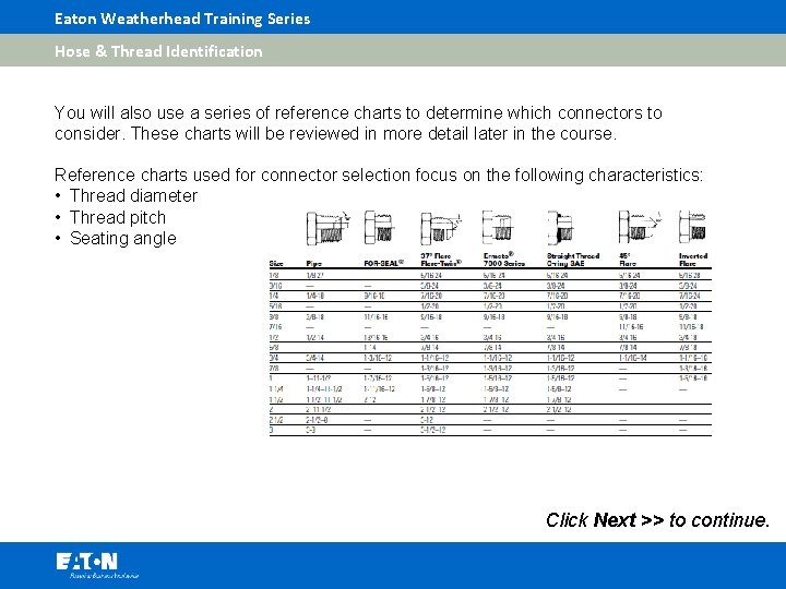 Eaton Weatherhead Training Series Hose & Thread Identification You will also use a series