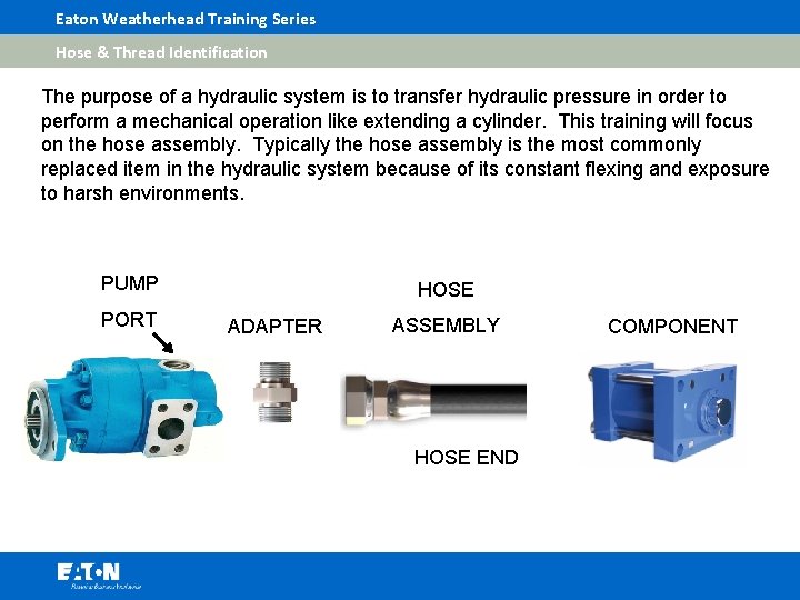 Eaton Weatherhead Training Series Hose & Thread Identification The purpose of a hydraulic system