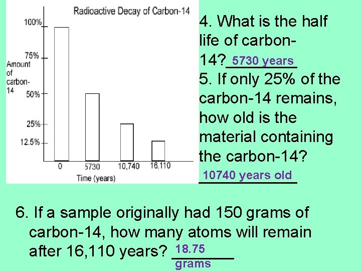 4. What is the half life of carbon 5730 years 14? ____ 5. If