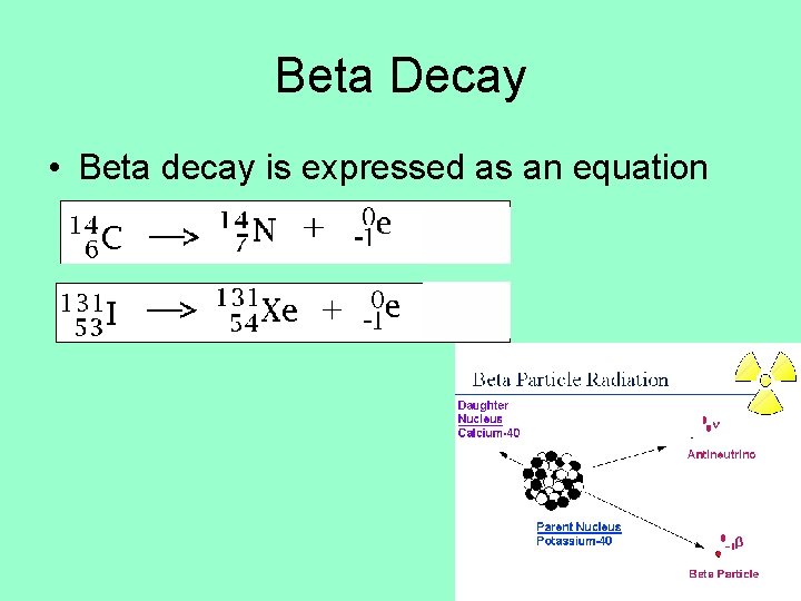 Beta Decay • Beta decay is expressed as an equation 