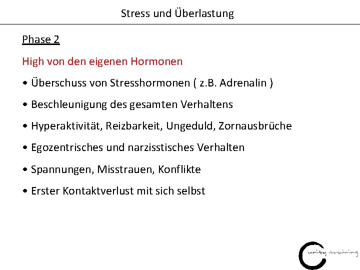 Stress und Überlastung Phase 2 High von den eigenen Hormonen • Überschuss von Stresshormonen