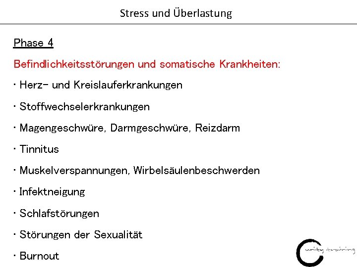 Stress und Überlastung Phase 4 Befindlichkeitsstörungen und somatische Krankheiten: • Herz- und Kreislauferkrankungen •