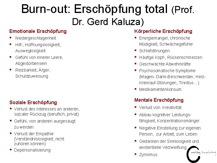 Burn-out: Erschöpfung total (Prof. Dr. Gerd Kaluza) Emotionale Erschöpfung Körperliche Erschöpfung § Niedergeschlagenheit §