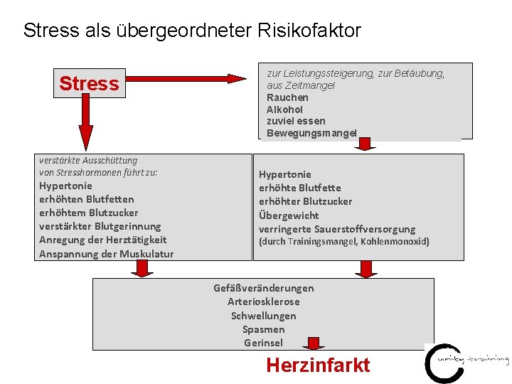 Stress als übergeordneter Risikofaktor Stress verstärkte Ausschüttung von Stresshormonen führt zu: Hypertonie erhöhten Blutfetten