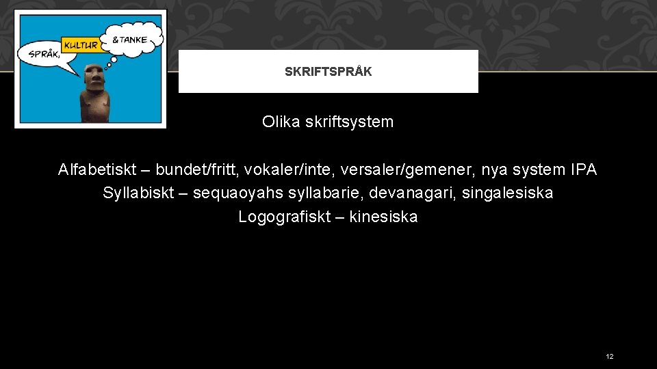 SKRIFTSPRÅK Olika skriftsystem Alfabetiskt – bundet/fritt, vokaler/inte, versaler/gemener, nya system IPA Syllabiskt – sequaoyahs