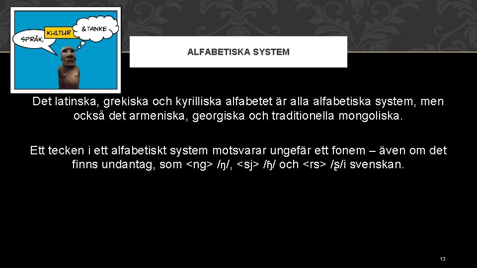 ALFABETISKA SYSTEM Det latinska, grekiska och kyrilliska alfabetet är alla alfabetiska system, men också