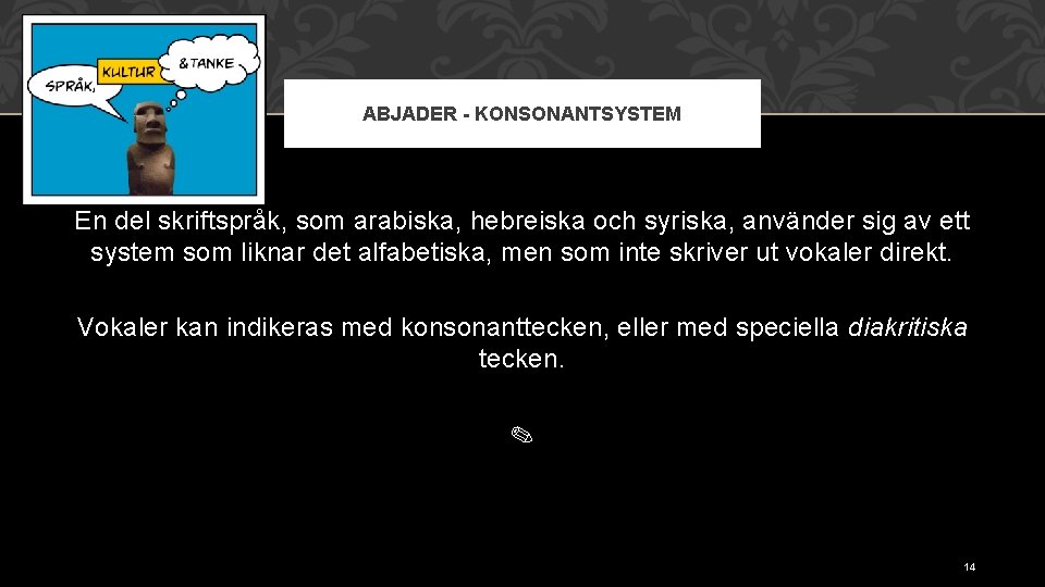 ABJADER - KONSONANTSYSTEM En del skriftspråk, som arabiska, hebreiska och syriska, använder sig av