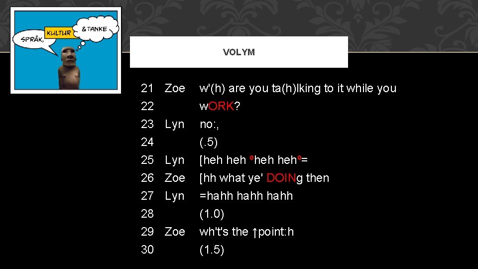 VOLYM 21 Zoe 22 23 Lyn 24 w'(h) are you ta(h)lking to it while