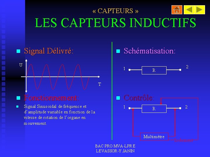  « CAPTEURS » LES CAPTEURS INDUCTIFS n Signal Délivré: n U Schématisation: 1