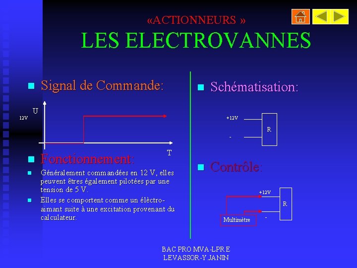  «ACTIONNEURS » LES ELECTROVANNES n 12 V Signal de Commande: n U Schématisation: