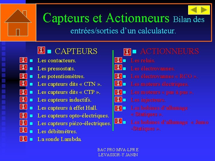 Capteurs et Actionneurs Bilan des entrées/sorties d’un calculateur. n n n CAPTEURS Les contacteurs.