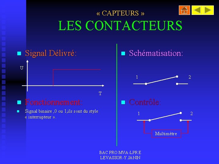  « CAPTEURS » LES CONTACTEURS n Signal Délivré: n Schématisation: U 1 2
