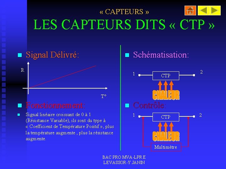  « CAPTEURS » LES CAPTEURS DITS « CTP » n Signal Délivré: n