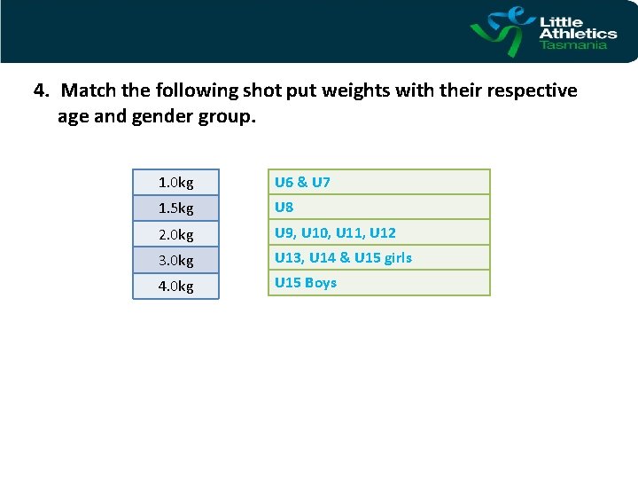 4. Match the following shot put weights with their respective age and gender group.