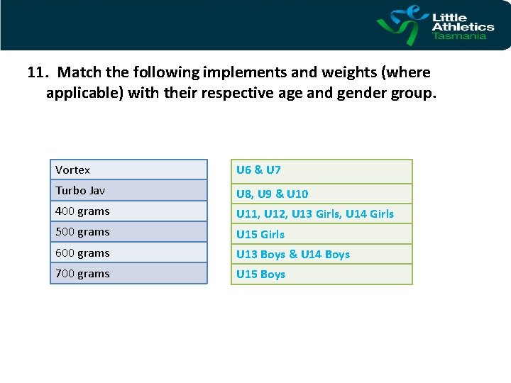 11. Match the following implements and weights (where applicable) with their respective age and