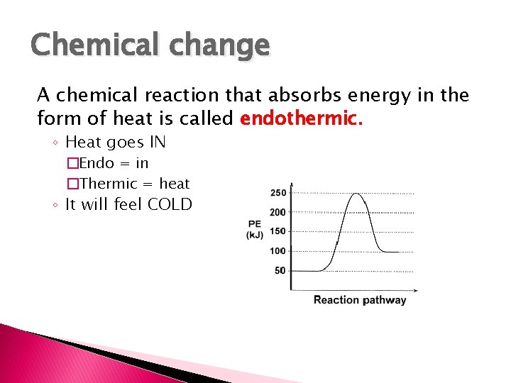 Chemical change A chemical reaction that absorbs energy in the form of heat is