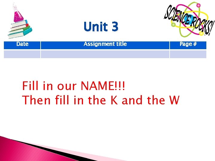 Unit 3 Date Assignment title Fill in our NAME!!! Then fill in the K