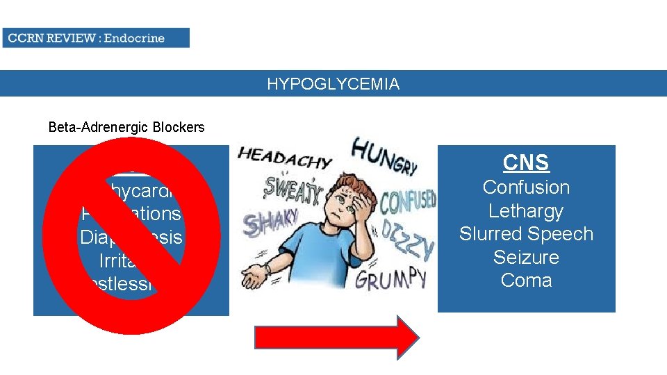 HYPOGLYCEMIA Beta-Adrenergic Blockers CVS Tachycardia Palpitations Diaphoresis Irritable Restlessness CNS Confusion Lethargy Slurred Speech