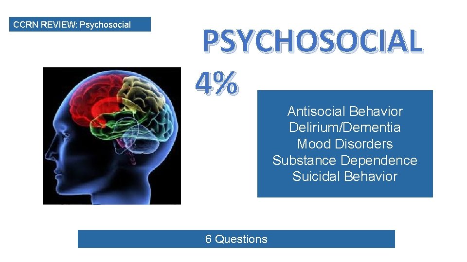 CCRN REVIEW: Psychosocial PSYCHOSOCIAL 4% Antisocial Behavior Delirium/Dementia Mood Disorders Substance Dependence Suicidal Behavior