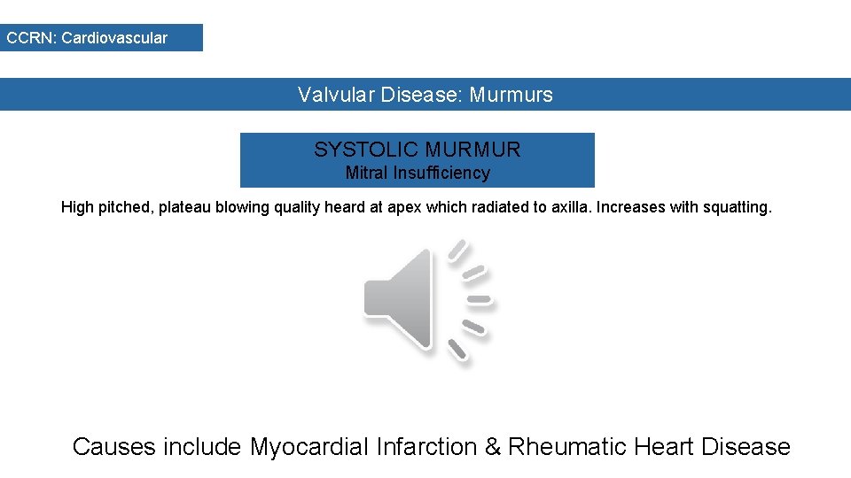 CCRN: Cardiovascular Valvular Disease: Murmurs SYSTOLIC MURMUR Mitral Insufficiency High pitched, plateau blowing quality