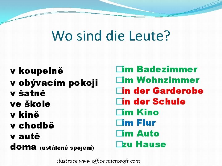 Wo sind die Leute? v koupelně v obývacím pokoji v šatně ve škole v