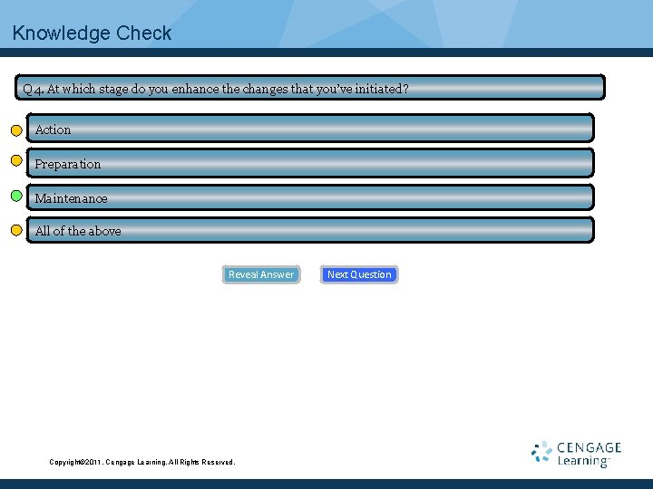 Knowledge Check Q 4. At which stage do you enhance the changes that you’ve