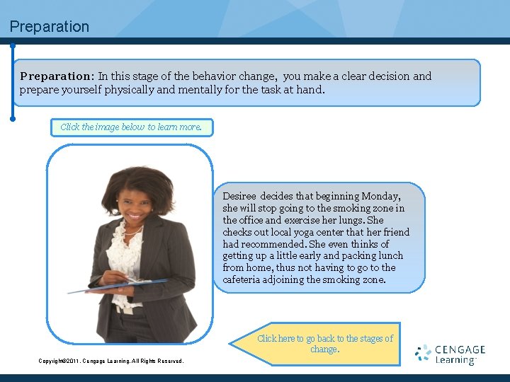 Preparation: In this stage of the behavior change, you make a clear decision and