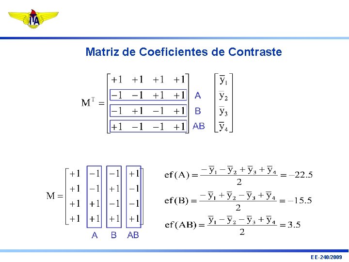 Matriz de Coeficientes de Contraste EE-240/2009 