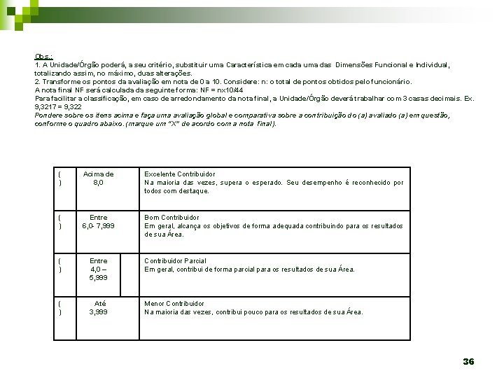 Obs. : 1. A Unidade/Órgão poderá, a seu critério, substituir uma Característica em cada