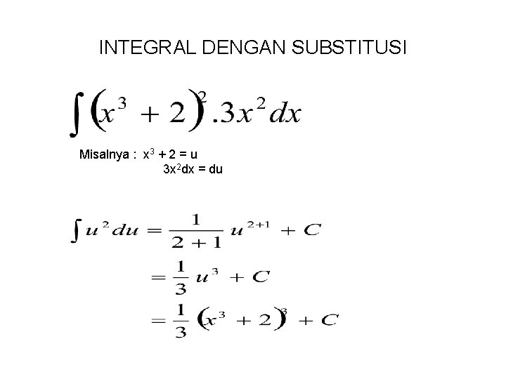 INTEGRAL DENGAN SUBSTITUSI Misalnya : x 3 + 2 = u 3 x 2